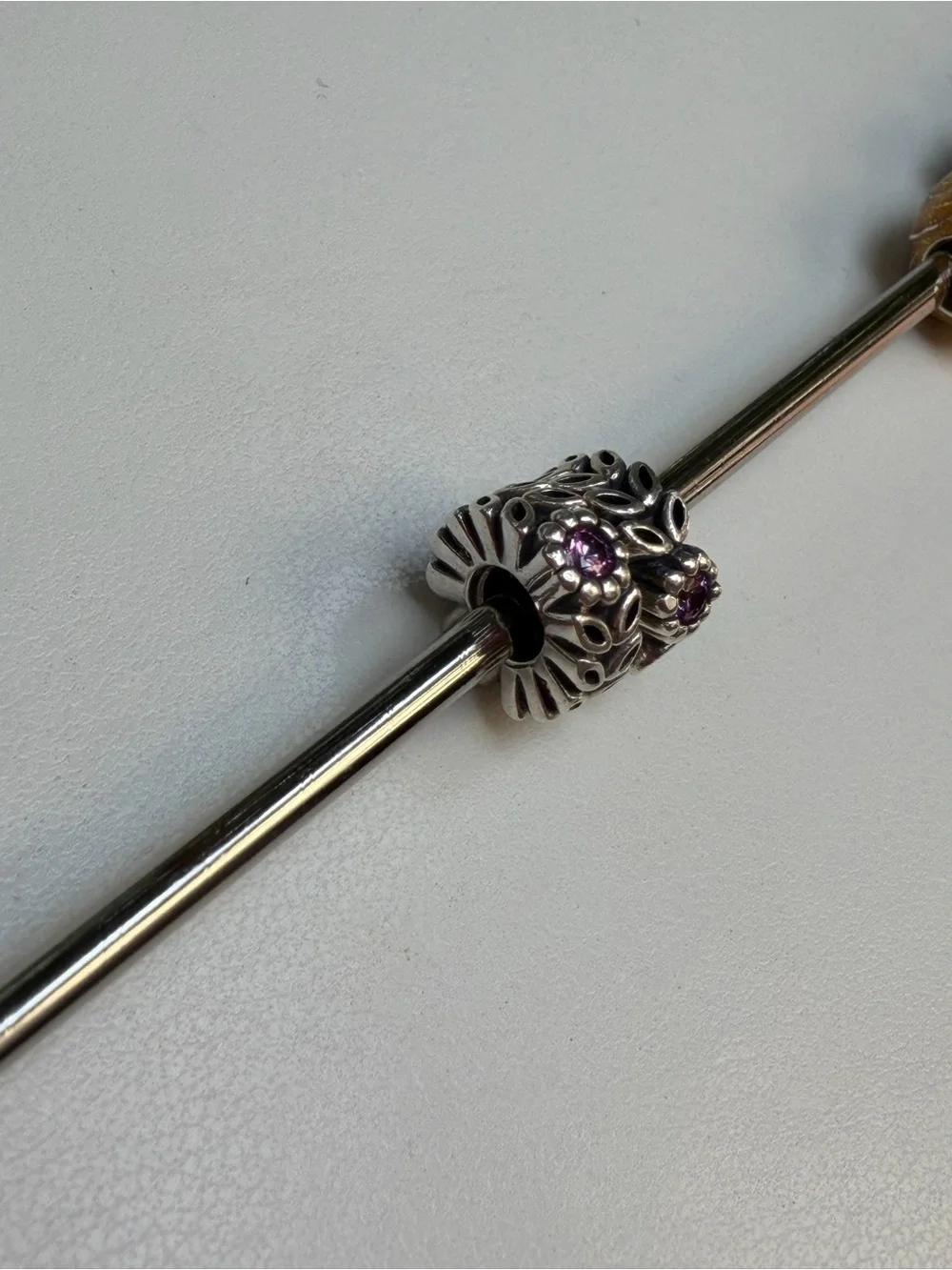 Pandora 2x Flower Spacers Sterling Silver Floral Charm Bead with purple gem